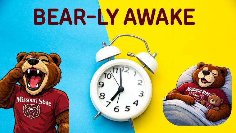 Bear-ly Awake with a clock in the middle of a yawning bear and another bear sleeping