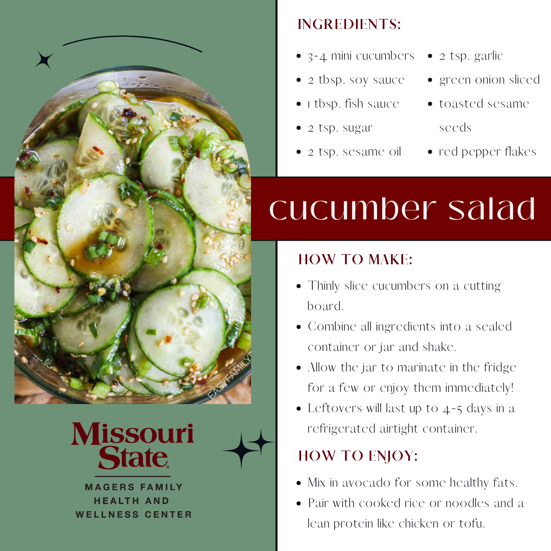 Ingredients: 3-4 mini cucumbers, 2 tbsp. soy sauce, 1 tbsp. fish sauce, 2 tsp. sugar, 2 tsp. sesame oil; Instructions: 1.Thinly slice cucumbers on a cutting board. 2.Combine all ingredients into a sealed container or jar and shake.  3.Allow the jar to marinate in the fridge for a few or enjoy them immediately! 4.Leftovers will last up to 4-5 days in a refrigerated airtight container.  