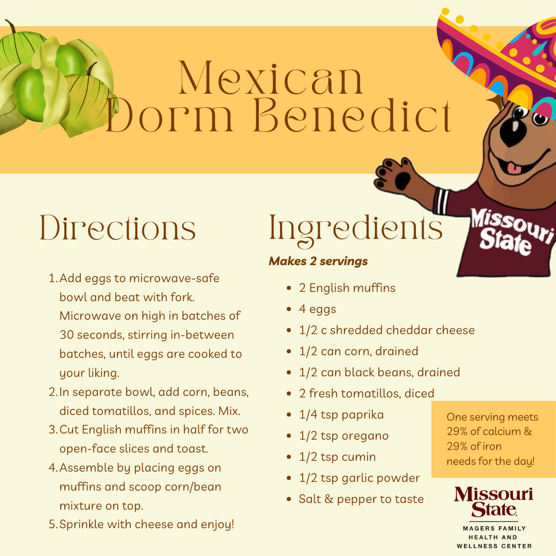 Recipe instructions - Ingredients: 2 English muffins, 4 eggs, 1/2 c shredded, cheddar cheese, 1/2 can corn drained, 1/2 can black beans drained, 2 fresh tomatillos diced, 1/4 tsp paprika, 1/2 tsp oregano, 1/2 tsp cumin, 1/2 tsp garlic powder,  Salt & pepper to taste; Instructions: 1 - Add eggs to microwave-safe bowl and beat with fork. 2 - Microwave on high in batches of 30 seconds, stirring in-between batches, until eggs are cooked to your liking. 3 - In separate bowl, add corn, beans, diced tomatillos, and spices. 5 - Mix. 6- Cut English muffins in half for two open-face slices and toast. 7 - Assemble by placing eggs on muffins and scoop corn/bean mixture on top.  8 - Sprinkle with cheese and enjoy!